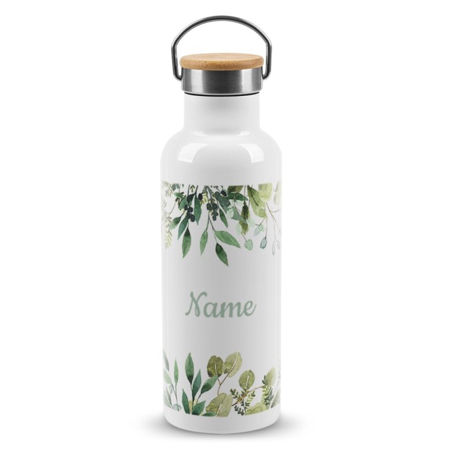 Trinkflasche mit Bambusdeckel - Zweige - mit Name - Wei&szlig; 500 ml