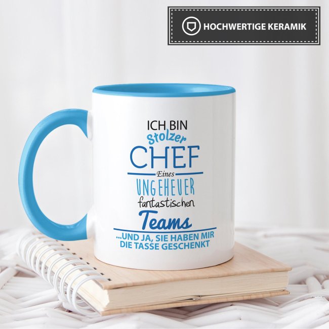 Tasse Stolzer Chef - Keramik Innen &amp; Henkel Hellblau