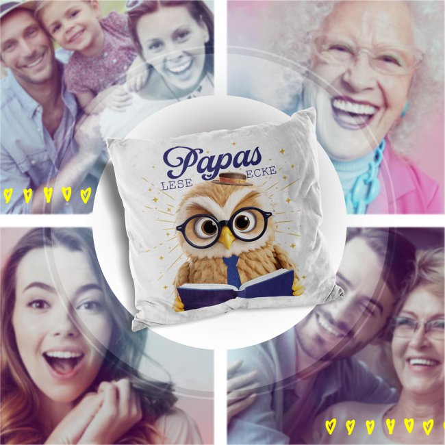 Kissen - Papas Leseecke - Eule - Wei&szlig; Flauschig