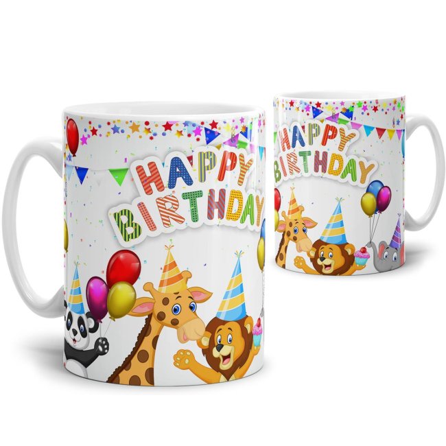 Tasse Happy Birthday Panda, Giraffe, L&ouml;we &amp; Elefant