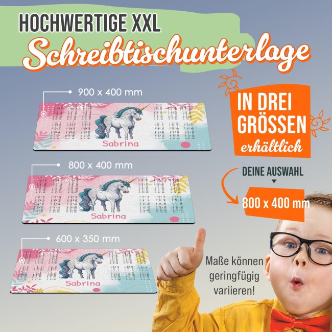Schreibtischunterlage f&uuml;r Kinder - Einhorn mit gro&szlig;em 1x1 - mit Name personalisierbar - 80 x 40 cm