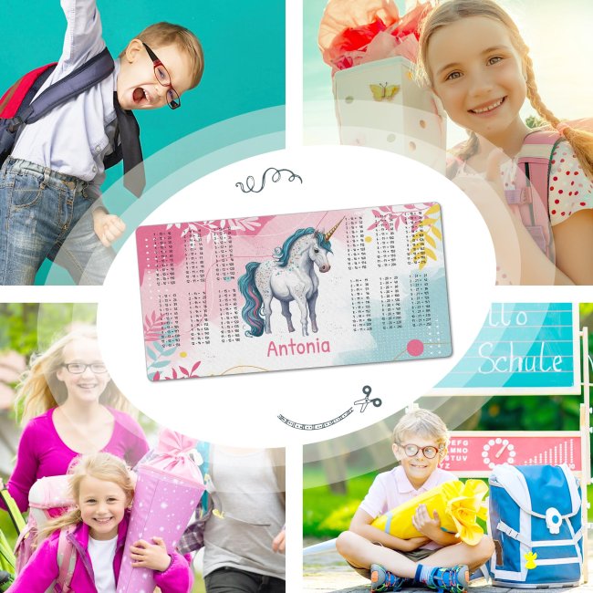 Schreibtischunterlage f&uuml;r Kinder - Einhorn mit gro&szlig;em 1x1 - mit Name personalisierbar - 80 x 40 cm