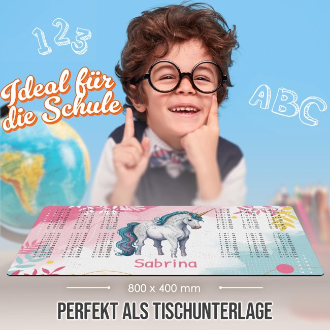 Schreibtischunterlage f&uuml;r Kinder - Einhorn mit gro&szlig;em 1x1 - mit Name personalisierbar - 80 x 40 cm