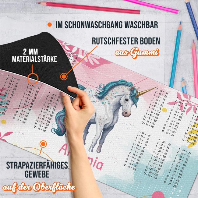 Schreibtischunterlage f&uuml;r Kinder - Einhorn mit gro&szlig;em 1x1 - mit Name personalisierbar - 80 x 40 cm