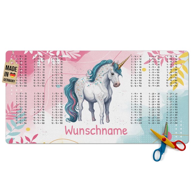 Schreibtischunterlage f&uuml;r Kinder - Einhorn mit gro&szlig;em 1x1 - mit Name personalisierbar - 80 x 40 cm