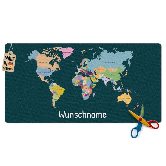 Schreibtischunterlage f&uuml;r Kinder - Weltkarte - mit Name personalisierbar - 80 x 40 cm