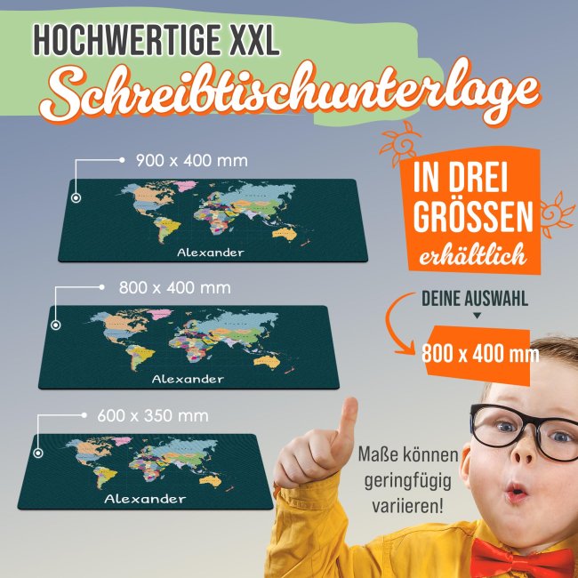Schreibtischunterlage f&uuml;r Kinder - Weltkarte - mit Name personalisierbar - 80 x 40 cm