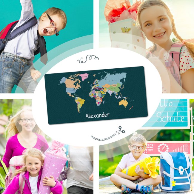 Schreibtischunterlage f&uuml;r Kinder - Weltkarte - mit Name personalisierbar - 80 x 40 cm