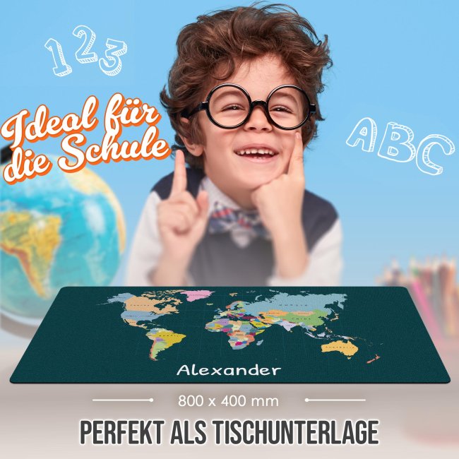 Schreibtischunterlage f&uuml;r Kinder - Weltkarte - mit Name personalisierbar - 80 x 40 cm