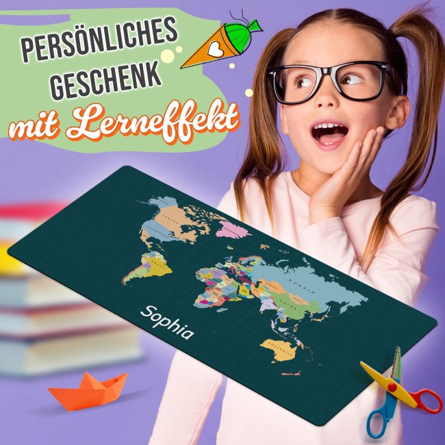 Schreibtischunterlage f&uuml;r Kinder - Weltkarte - mit Name personalisierbar - 80 x 40 cm