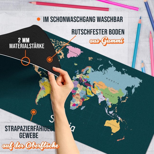 Schreibtischunterlage f&uuml;r Kinder - Weltkarte - mit Name personalisierbar - 80 x 40 cm