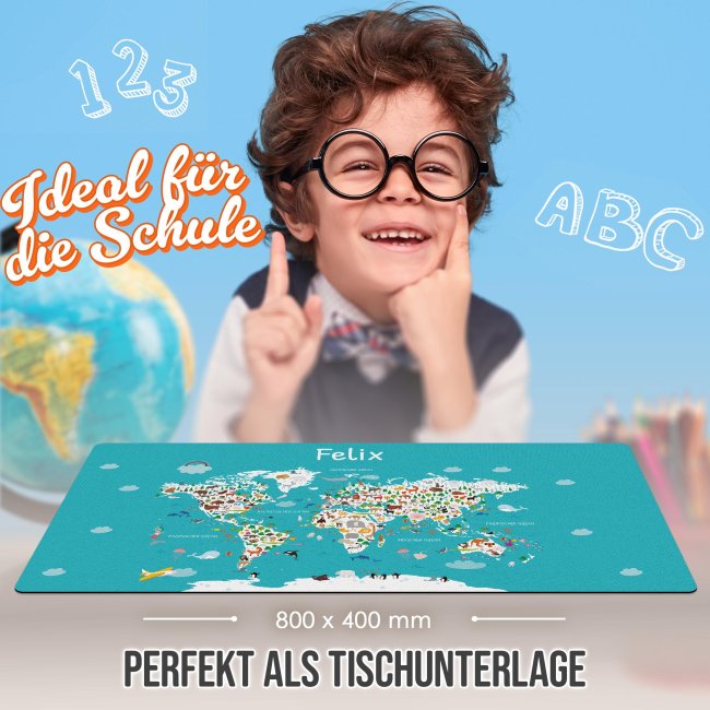 Schreibtischunterlage f&uuml;r Kinder - Weltkarte Tiere - mit Name personalisierbar - 80 x 40 cm