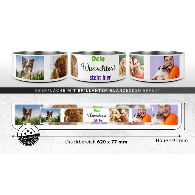 Hundenapf mit Collage f&uuml;r 4 Fotos &amp; Text - Edelstahl 1500 ml