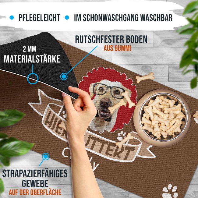 Napfunterlage mit Foto &amp; Name personalisieren - Hier futtert - 80 x 40 cm