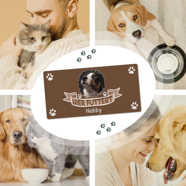 Napfunterlage mit Foto &amp; Name personalisieren - Hier futtert - 80 x 40 cm