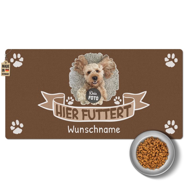 Napfunterlage mit Foto &amp; Name personalisieren - Hier futtert - 80 x 40 cm
