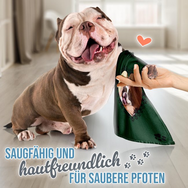 Pfotenhandtuch f&uuml;r Tiere - Pfotenherz - mit Foto &amp; Name - in 5 Farben