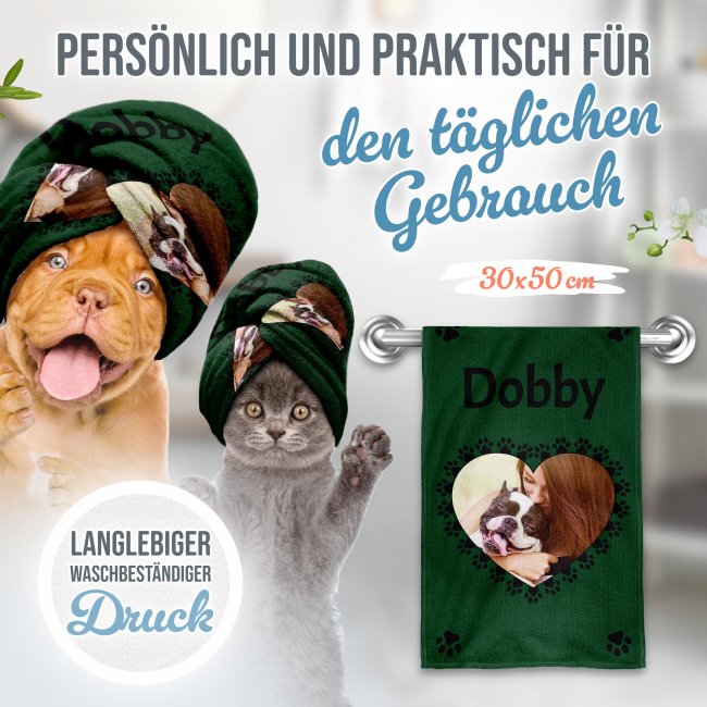 Pfotenhandtuch f&uuml;r Tiere - Pfotenherz - mit Foto &amp; Name - in 5 Farben