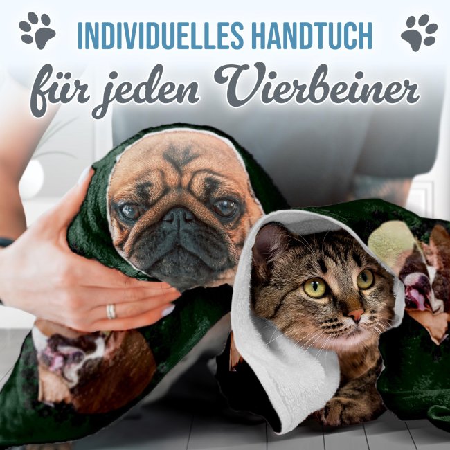 Pfotenhandtuch f&uuml;r Tiere - Pfotenherz - mit Foto &amp; Name - in 5 Farben