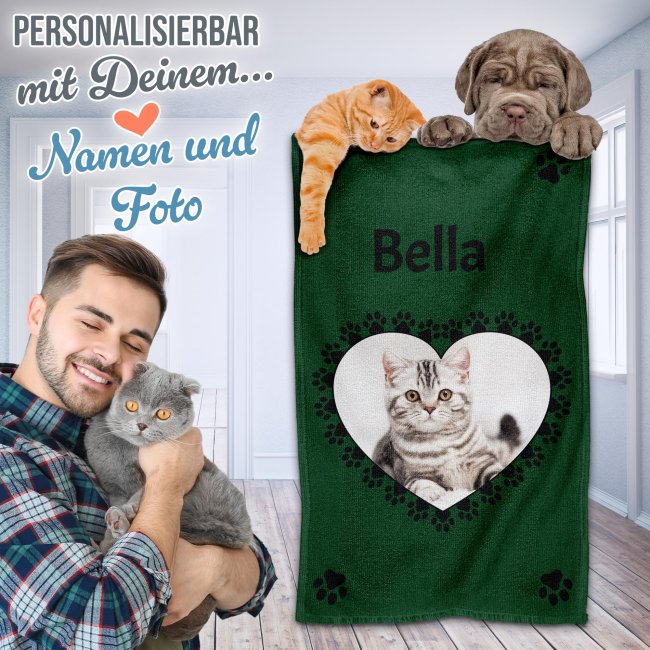 Pfotenhandtuch f&uuml;r Tiere - Pfotenherz - mit Foto &amp; Name - in 5 Farben