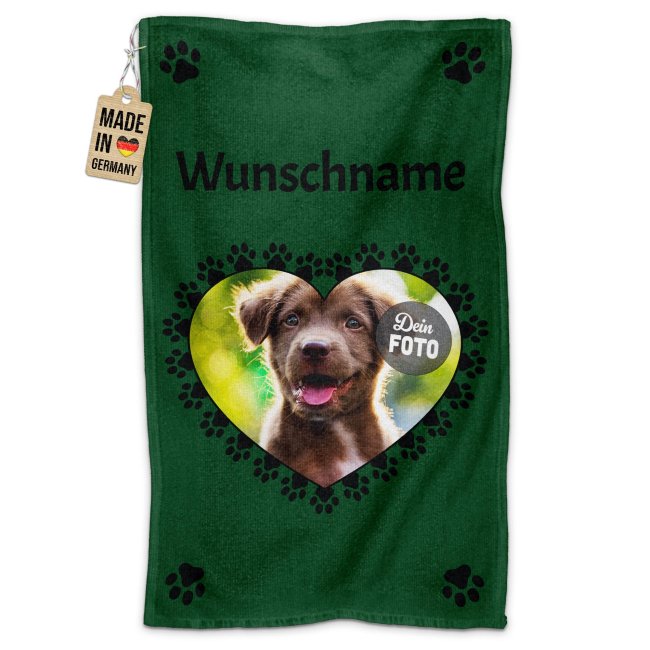 Pfotenhandtuch f&uuml;r Tiere - Pfotenherz - mit Foto &amp; Name - in 5 Farben