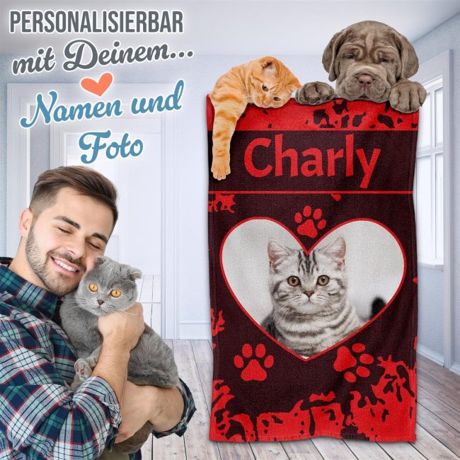 Pfotenhandtuch f&uuml;r Tiere - Herz - mit Foto &amp; Name - in 5 Farben