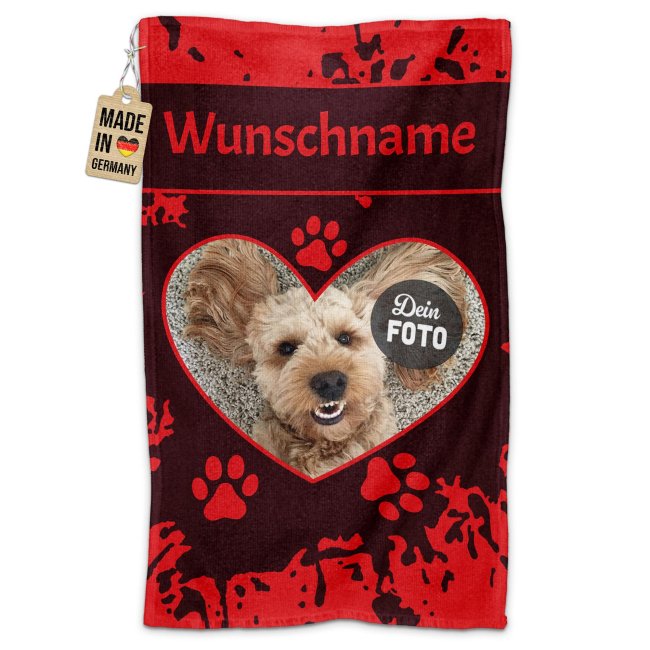 Pfotenhandtuch f&uuml;r Tiere - Herz - mit Foto &amp; Name - in 5 Farben