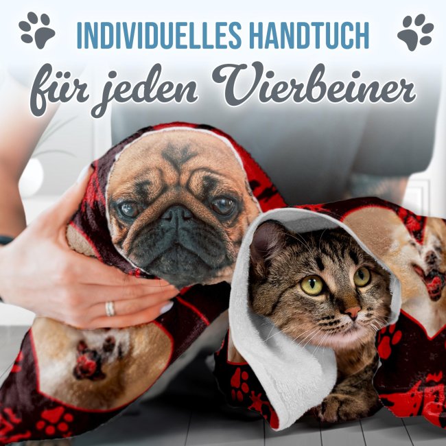 Pfotenhandtuch f&uuml;r Tiere - Herz - mit Foto &amp; Name - in 5 Farben