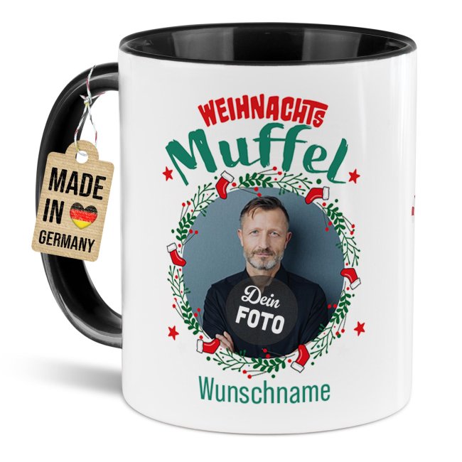 Weihnachtstasse - Weihnachtsmuffel - mit Name &amp; Foto - Innen &amp; Henkel Schwarz