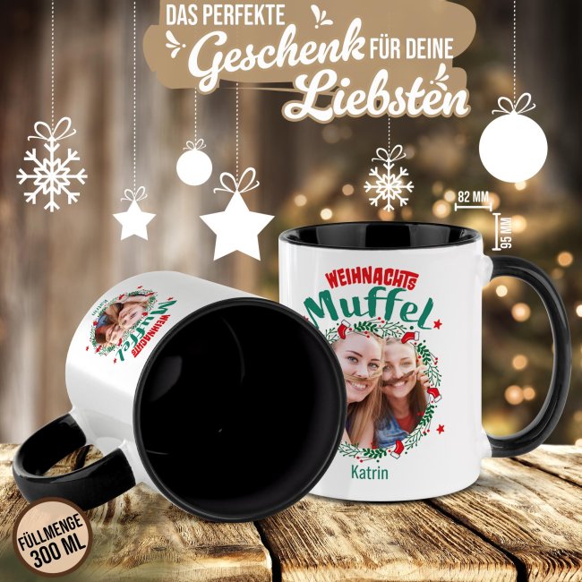 Weihnachtstasse - Weihnachtsmuffel - mit Name &amp; Foto - Innen &amp; Henkel Schwarz