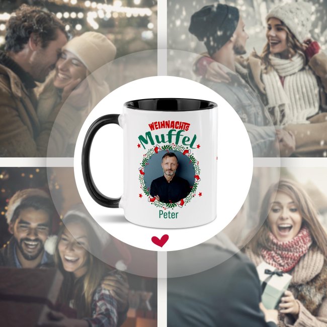 Weihnachtstasse - Weihnachtsmuffel - mit Name &amp; Foto - Innen &amp; Henkel Schwarz