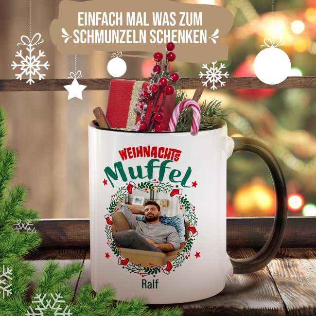 Weihnachtstasse - Weihnachtsmuffel - mit Name &amp; Foto - Innen &amp; Henkel Schwarz