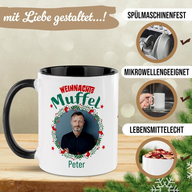 Weihnachtstasse - Weihnachtsmuffel - mit Name &amp; Foto - Innen &amp; Henkel Schwarz