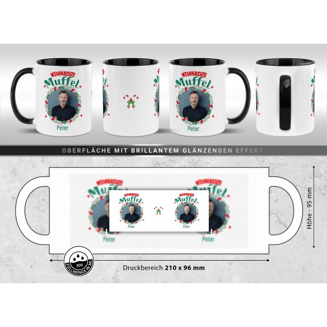 Weihnachtstasse - Weihnachtsmuffel - mit Name &amp; Foto - Innen &amp; Henkel Schwarz