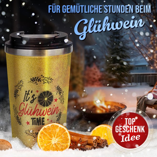 To-Go Edelstahlbecher Glitzer - Gl&uuml;hwein Time - in vier Farben