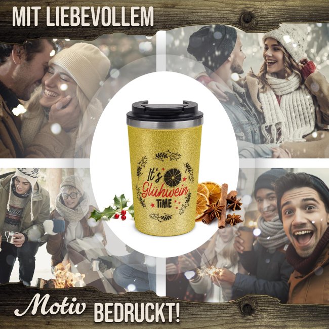 To-Go Edelstahlbecher Glitzer - Gl&uuml;hwein Time - in vier Farben