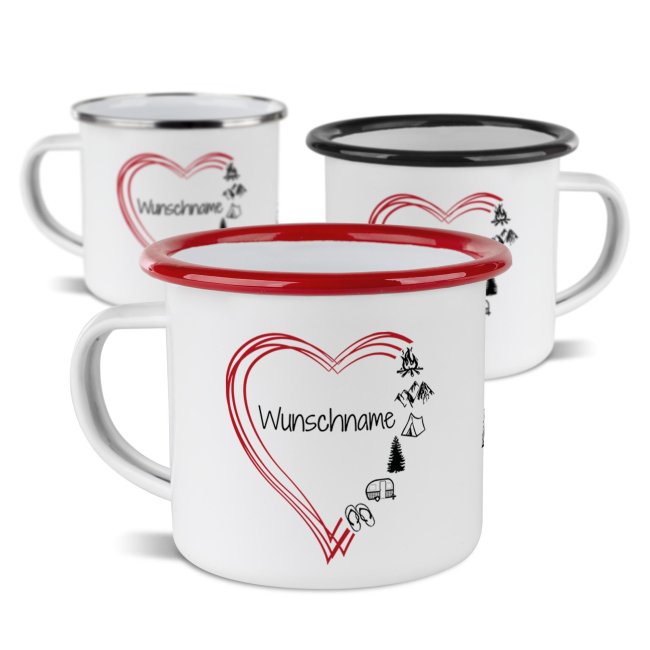 Emaille-Tasse f&uuml;r Camper - Camping Herz - mit Name - 300 ml