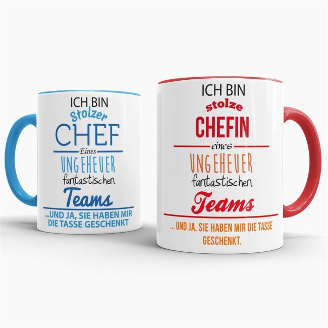 Tassenset Chef & Chefin Innen / Henkel Blau & Rot