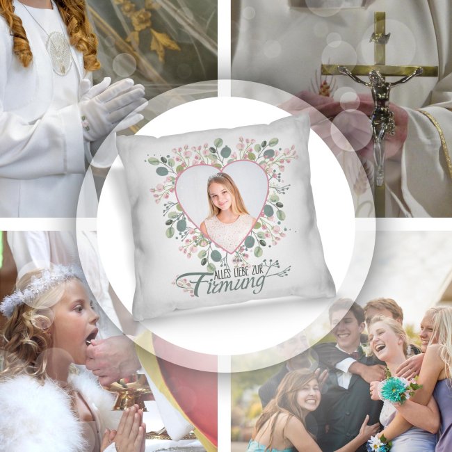 Personalisiertes Kissen zur Firmung - Alles liebe - Herz - mit Foto
