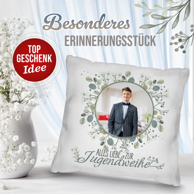 Personalisiertes Kissen zur Jugendweihe - Alles liebe - Kreis - mit Foto