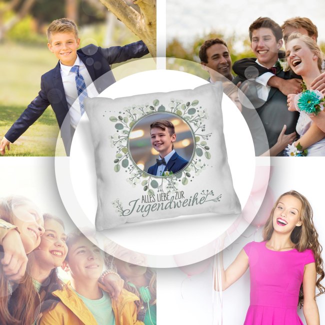 Personalisiertes Kissen zur Jugendweihe - Alles liebe - Kreis - mit Foto
