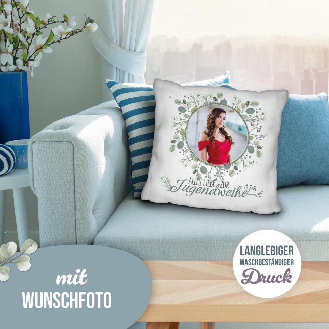 Personalisiertes Kissen zur Jugendweihe - Alles liebe - Kreis - mit Foto