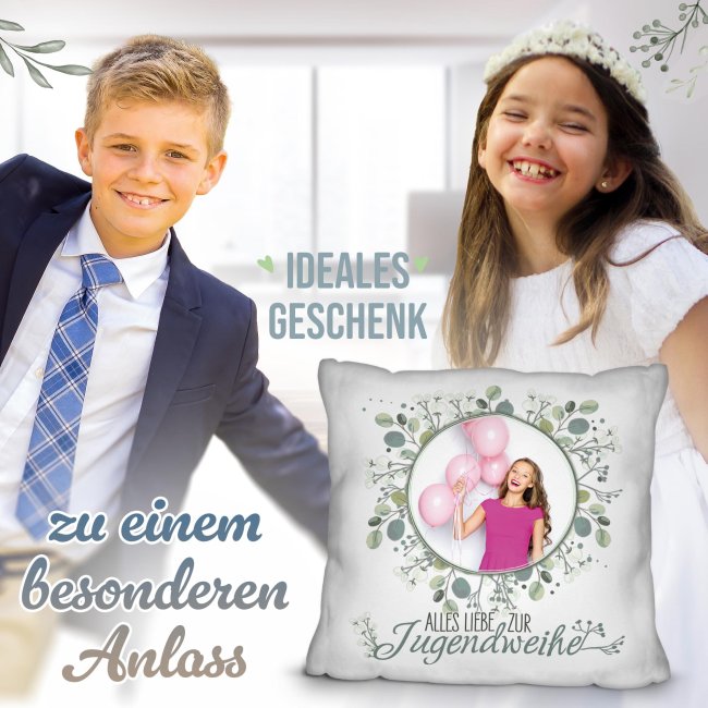 Personalisiertes Kissen zur Jugendweihe - Alles liebe - Kreis - mit Foto