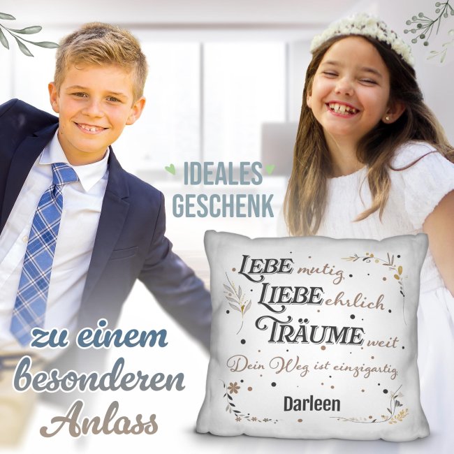 Personalisiertes Kissen zur Jugendweihe - Lebe, Liebe, Tr&auml;ume - mit Name