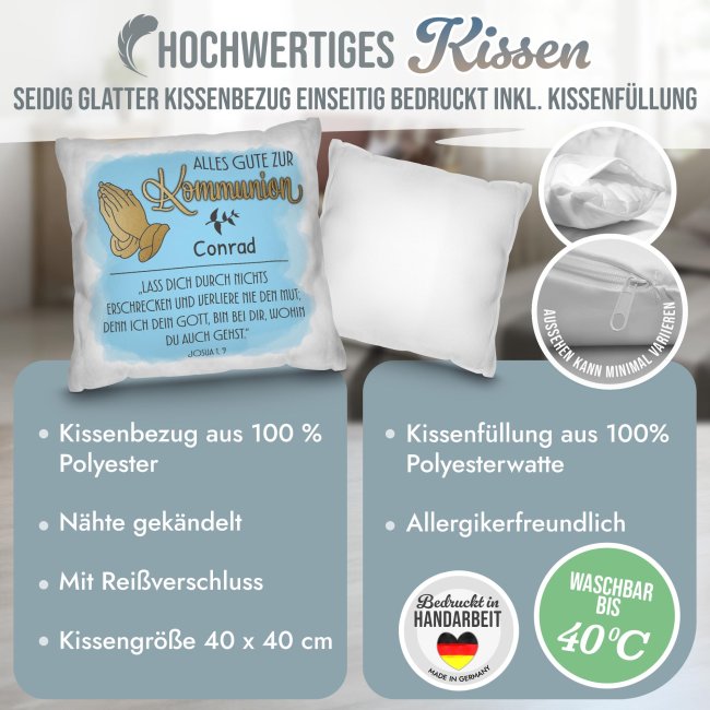 Personalisiertes Kissen zur Kommunion - Alles Gute, Bibelspruch Josua 1 Vers 9 - mit Name