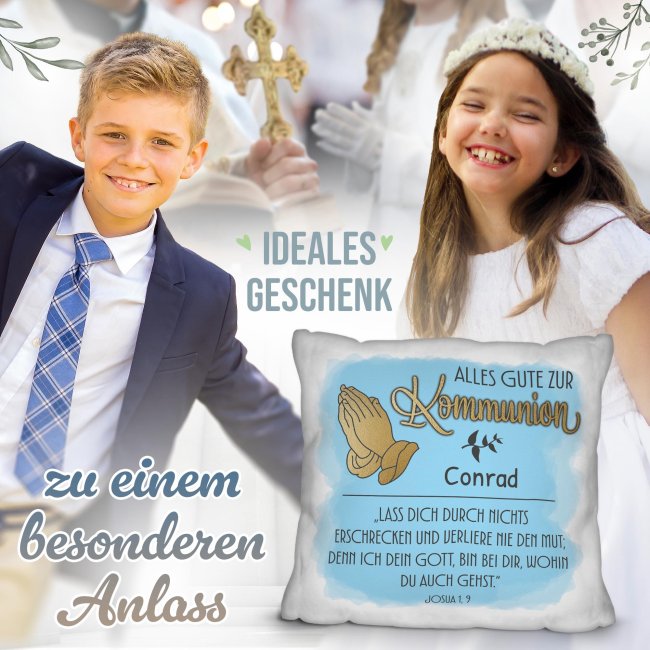 Personalisiertes Kissen zur Kommunion - Alles Gute, Bibelspruch Josua 1 Vers 9 - mit Name