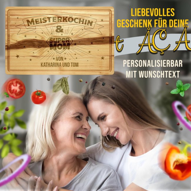 Gro&szlig;es Schneidebrett mit Gravur - Meisterk&ouml;chin und Super Mom - mit Name - 40 x 25 cm
