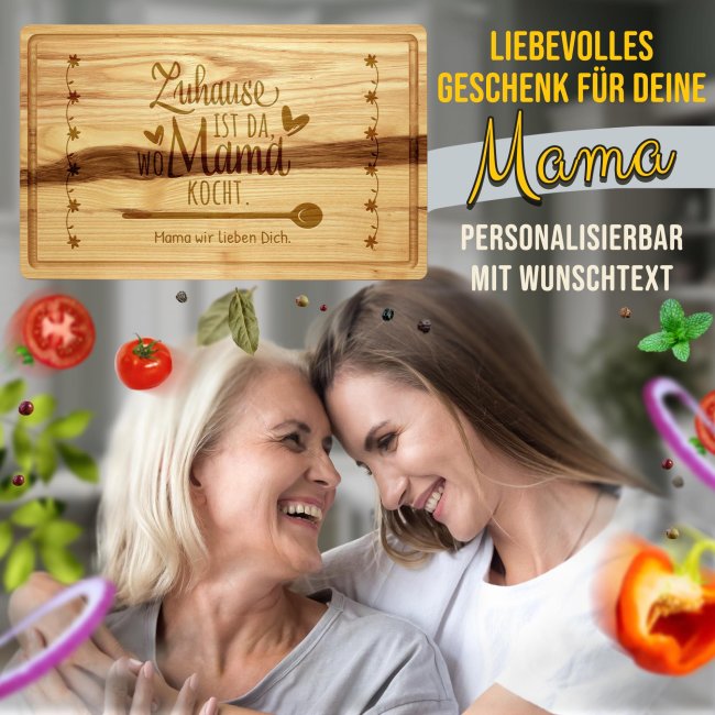 Gro&szlig;es Schneidebrett mit Gravur - Zuhause ist da wo Mama kocht - mit Name - 40 x 25 cm
