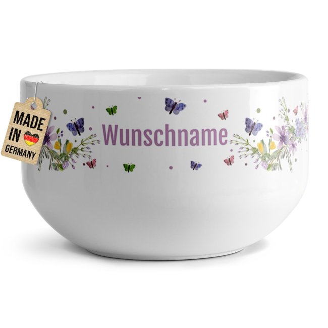 M&uuml;slischale - Schmetterlinge und Blumen - mit Name - 500 ml