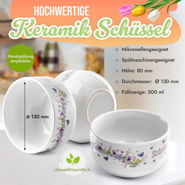 M&uuml;slischale - Schmetterlinge und Blumen - mit Name - 500 ml